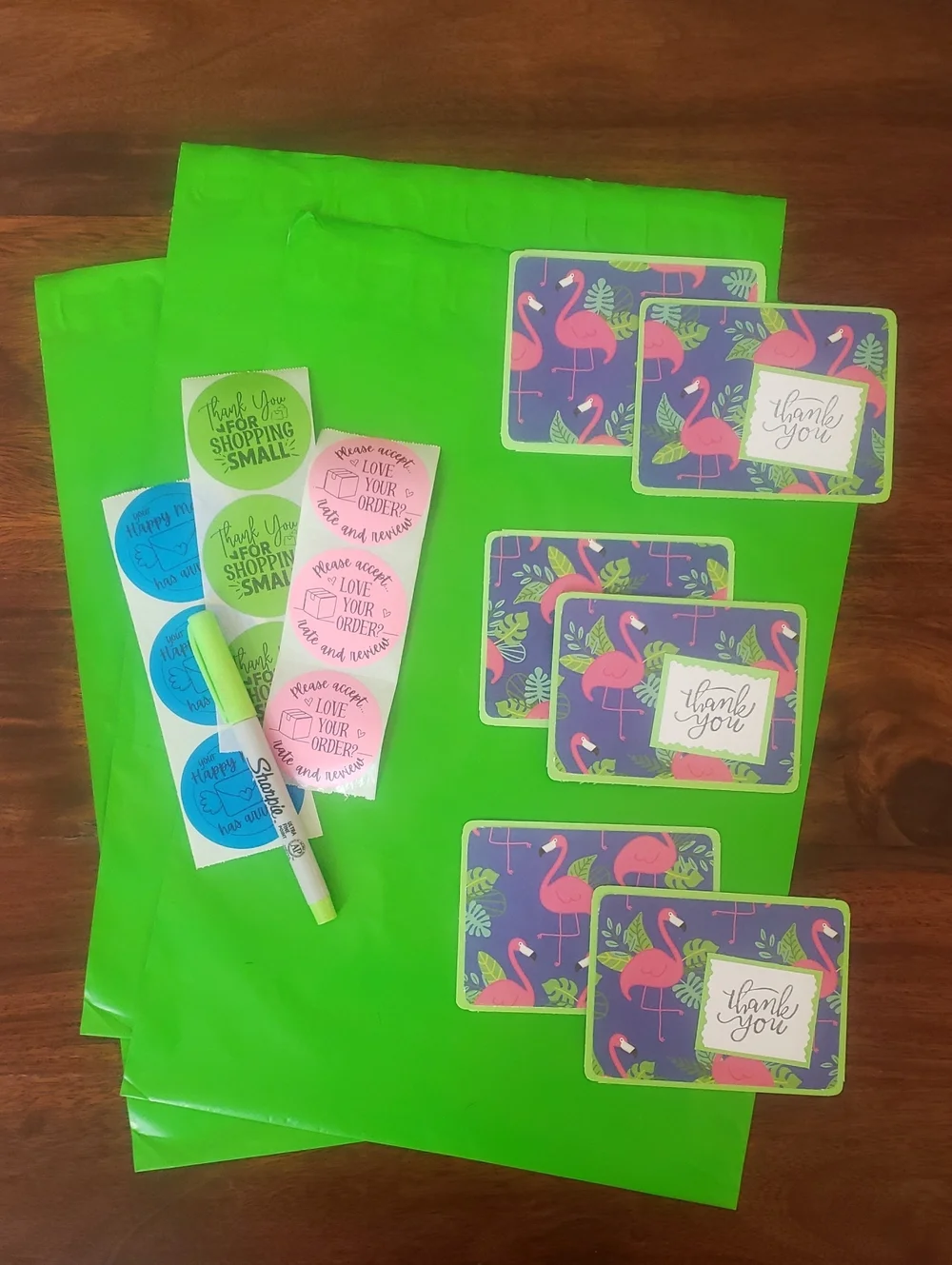 Coordinated Packaging Bundle Thank You Cards Stickers Polymail Tropical Flamingo